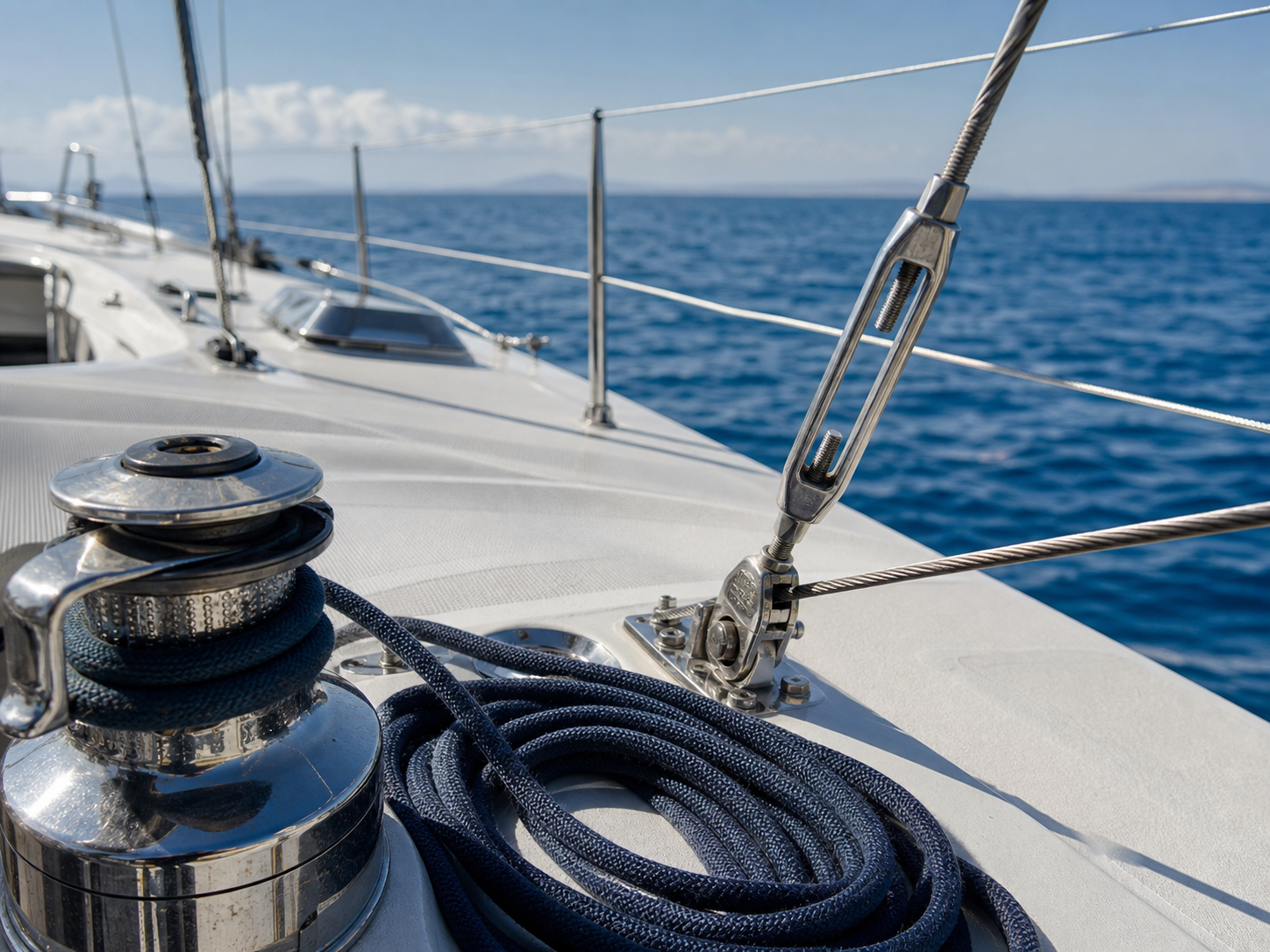 Tensor, winch y cable de jarcia sobre la cubierta de un velero